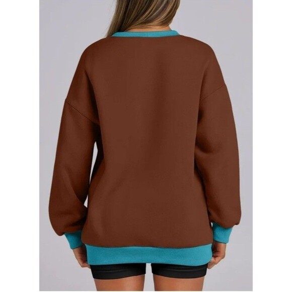 Womens Long Sleeve Oversized Pullover Sweatshirt Athleisure Comfy M Brown/Teal - Picture 2 of 3